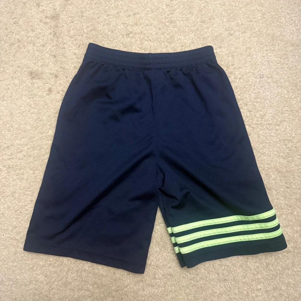 Adidas Kids Navy Blue Lime Green Stripe Mesh Athletic Shorts Boys Size 7